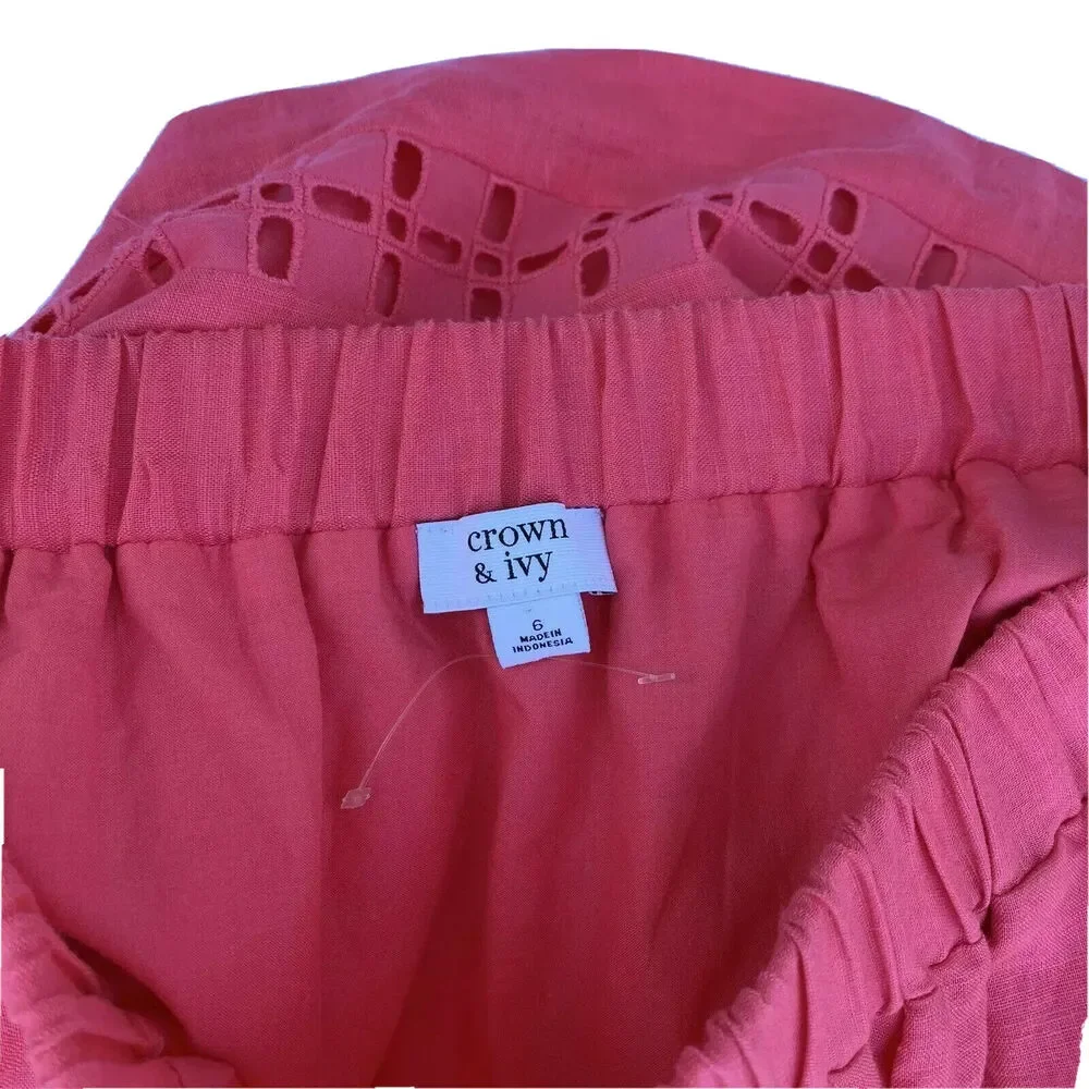 Crown & Ivy women coral reef Cut Out Eyelet Linen Elastic Waist Mini Skirt Sz 6 - Picture 7 of 8